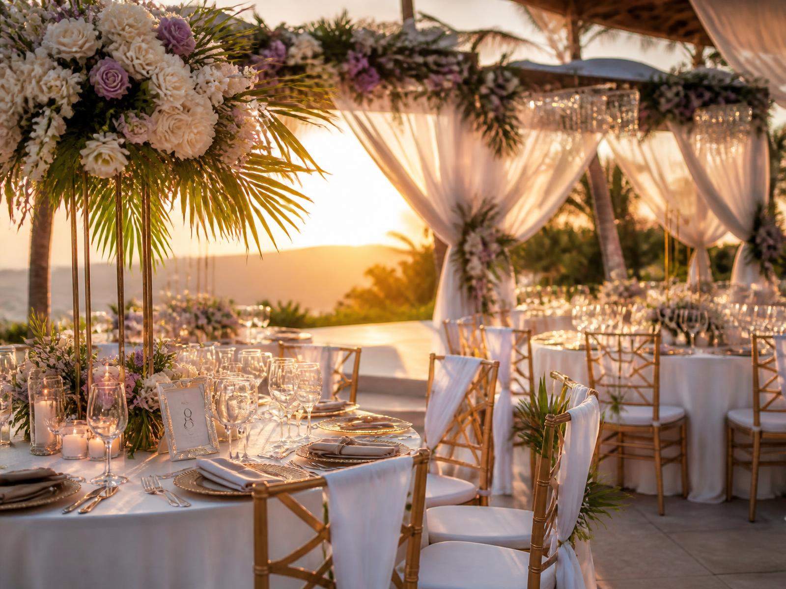 Elegant Jamaican wedding reception set with gold and lavender details at sunset