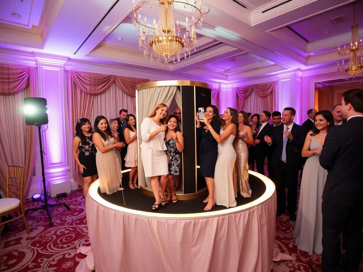Guests enjoying a 360 photo booth at an elegant celebration